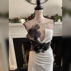 One of a kind black and white satin prom dress, formal, gala evening or wedding